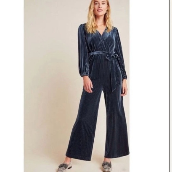 ALI & JAY Pants - Anthropologie Ali & Jay Samantha Navy Striped Velvet Wide Leg Jumpsuit Small